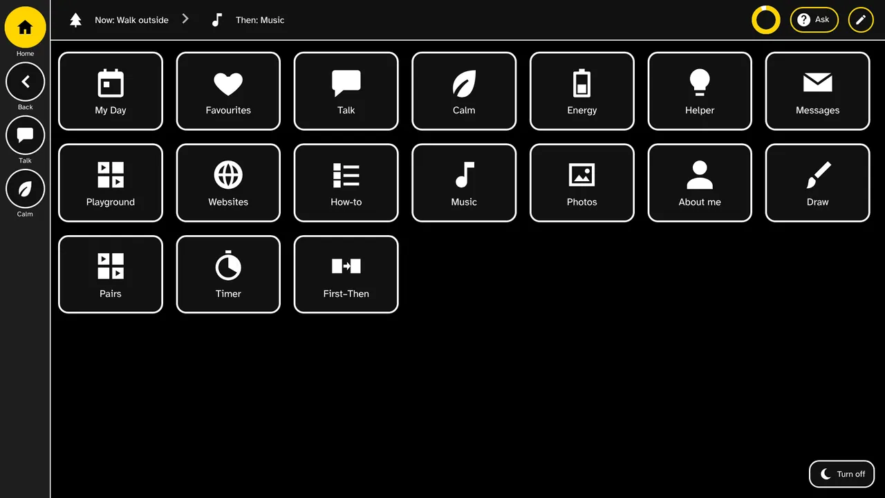 Home in black with white outlines and a yellow Home button.